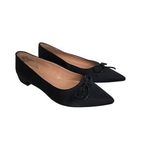 J. Crew Black Satin Pointed Toe Ballet Flats with Sparkle Bow Women's Size 6.5